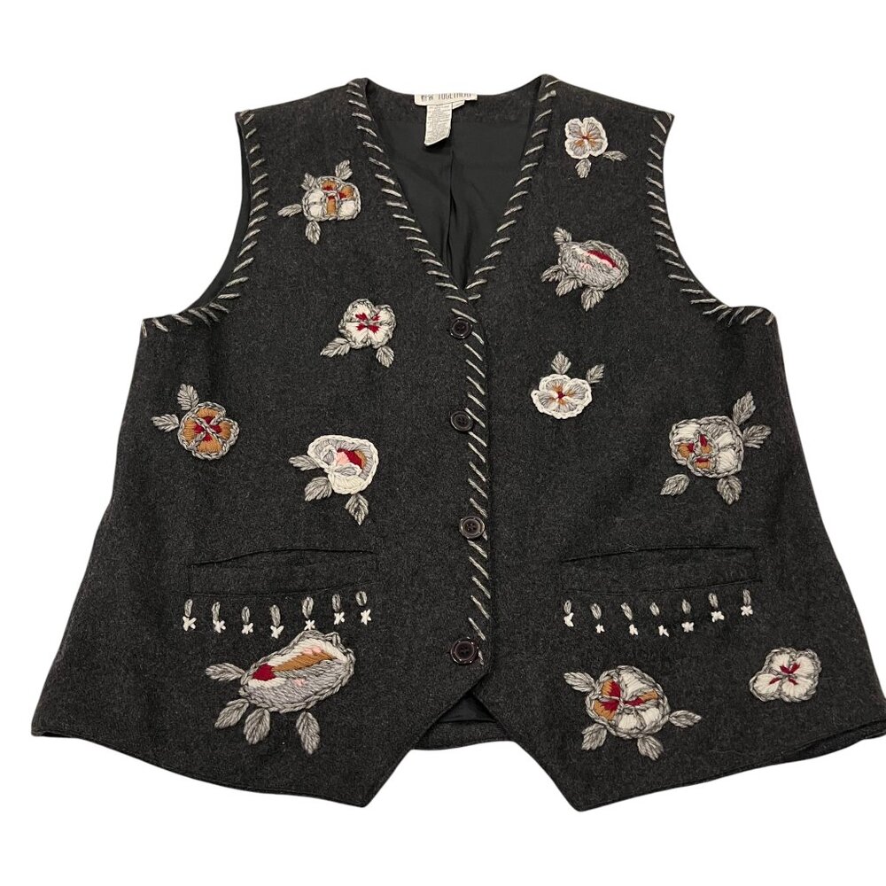 Together Vintage Wool Embroidered Button Vest, Pockets, Gray, XL